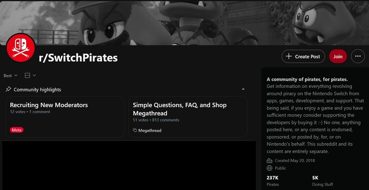 Показан сабреддит Switch piracy (Источник изображения: скриншот, r/SwitchPirates)