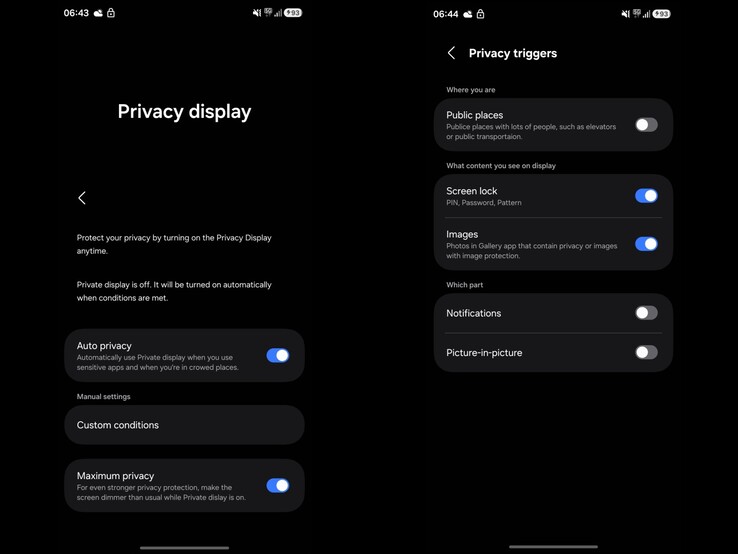 Скриншоты, демонстрирующие настройку 'Privacy Display' в OneUI 8.5. (Источник изображения: Ach on X)