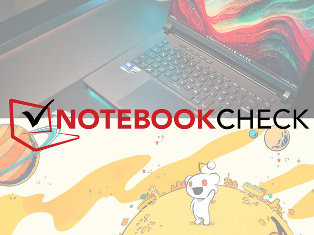 Логотип Notebookcheck на снимке ноутбука и графика Reddit. (Источник изображения: Notebookcheck и Reddit, с правками)