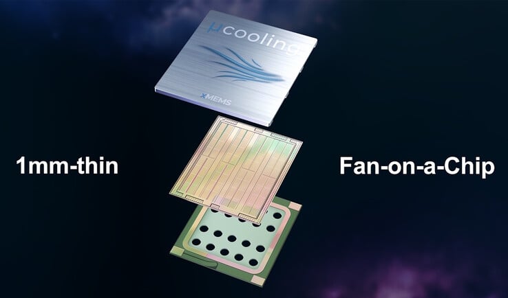 XMEMS XMC-2400 вибрирует тонкую пьезоэлектрическую пленку, проталкивая воздух через чип микроохлаждения. (Источник изображения: xMEMS)