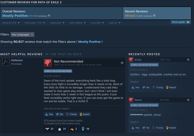 Path of Exile 2 последние рецензии в Steam (скриншот, Steam)