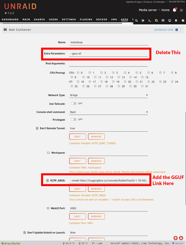 Шаблон докера Unraid требует всего 2 изменений для начала работы. Если Вы работаете без GPU, снимите флаг GPU и вставьте ссылку на файл GGUF из Huggingface