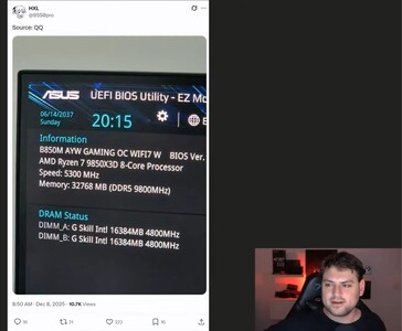 Скриншот BIOS, на котором, как сообщается, изображена система AMD Ryzen 7 9850X3D, работающая с 32 ГБ памяти DDR5-9800, поделился с X-аккаунтом @9550pro (Источник изображения: @9550pro / X)
