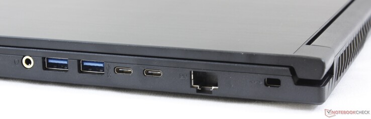 Правая сторона: выход на наушники, микрофонный вход, 2x USB 3.2 Type-A, USB 3.2 Type-C, гигабитный Ethernet, слот замка Kensington