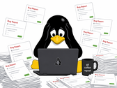 Пингвин в стиле Tux, одолеваемый сообщениями об ошибках, генерируемыми искусственным интеллектом, которые наводняют рабочее пространство разработчика Linux.