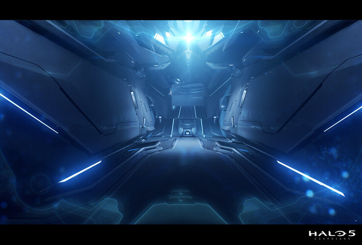 В этой сцене коридора Halo 5: Guardians используется четкая симметрия, светящиеся акценты и глубокая перспектива, чтобы создать элегантную футуристическую атмосферу.