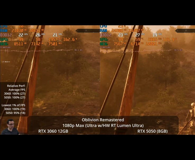 RTX 3060 12GB и RTX 5050, показывающие FPS, использование GPU, память и статистику времени кадров (Источник изображения: Daniel Owen)