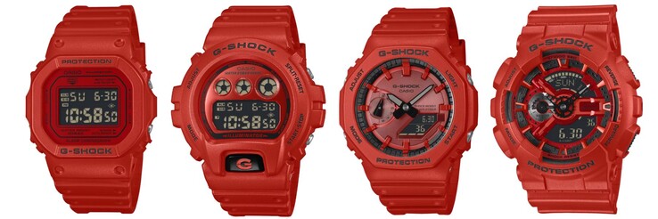 Слева направо: часы Casio G-Shock DW5600RRB-4, DW6900RRB-4, GA2100RRB-4A и GA110RRB-4A. (Источник изображения: Casio, отредактировано)