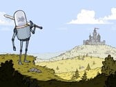 Изображение из игры Feudal Alloy, на котором изображен рыцарь с аквариумной головой и замок на заднем плане. (Источник изображения: Steam)