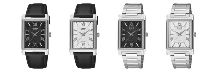 Слева направо: часы Casio BMS-105D-1A, BMS-105D-7A, BMS-105L-1A и BMS-105L-7A