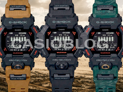 На фото - Casio G-Shock GDG-B100-1 (полностью черный), GDG-B100-1A3 (черный с зеленым камуфляжным ремешком) и GDG-B100-1A5 (черный с песочным ремешком).