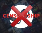 Логотип против цензуры, изображенный на фоне Steam (Источник изображения: Valve с правками)