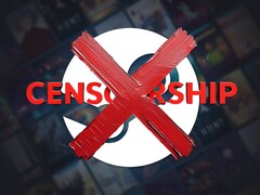 Логотип против цензуры, изображенный на фоне Steam (Источник изображения: Valve с правками)
