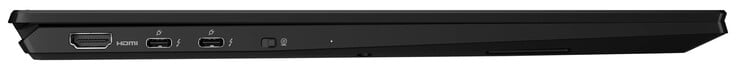 Слева: HDMI, 2x Thunderbolt 4 (USB-C; PowerDelivery, DisplayPort), включатель веб-камеры