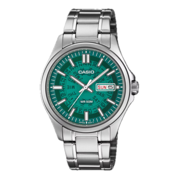 Casio /MTP-E740-3AV с ярким полупрозрачным циферблатом бирюзового цвета.