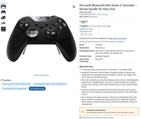 Листинг Amazon контроллера Microsoft Elite Series 2 (Источник изображения: скриншот, Amazon)