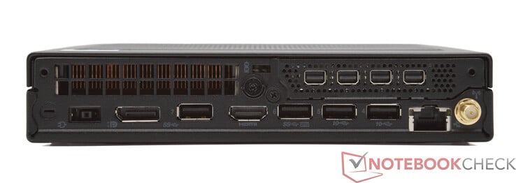 Задняя панель: Разъем питания, DisplayPort 1.4, 2x 3.2 Gen-1 (5 Гбит/с), HDMI 2.1 TMDS, 2x 3.2 Gen-2 (10 Гбит/с), 10/100/1000 МБит (Intel I219-LM), 4x Mini DisplayPort 1.4a (Nvidia T1000), антенна WLAN