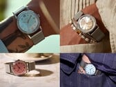 Часы Timex x Todd Snyder Marlin Mesh с циферблатами цвета «серебристый», «аква-синий» и «лососевый с солнечным узором» представлены как на запястье, так и без него.