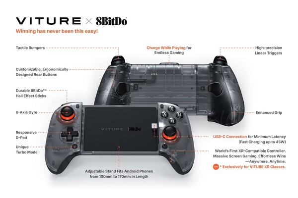 Мобильный игровой контроллер Viture x 8BitDo Ultimate оснащен портом USB-C в верхней части для сквозной зарядки. (Источник изображения: Viture)