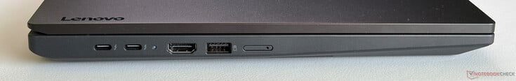 Слева: 2 порта USB-C 4.0 с поддержкой Thunderbolt 4 (40 Гбит/с, DisplayPort 1.4a, Power Delivery), HDMI 2.1, USB-A 3.2 Gen. 1 (5 Гбит/с, Always-On), слот для Nano-SIM