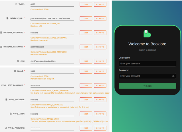 Слева вверху: Конфигурация Unraid для Booklore. Внизу слева: Конфигурация Unraid для MariaDB. Справа: Страница входа в систему Booklore (Источник изображения: