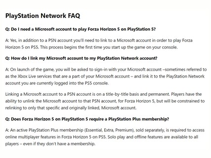 FAQ по учетной записи Forza Horizon 5 в PSN (Источник изображения: Сайт поддержки Forza Horizon 5)