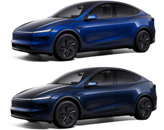 Модель Y в новом цвете Marine Blue против Deep Blue Metallic (вверху). (Источник изображения: Tesla)