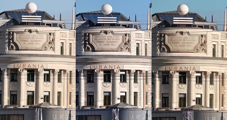 сравнение кропов с 20-кратным зумом: Слева: Oppo с внешним объективом. Средний: Vivo без внешнего объектива. Справа: Oppo без внешнего объектива.