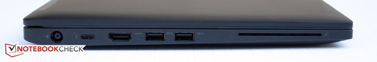 Слева: гнездо зарядного устройства, USB Type C Gen 2 с Thunderbolt 3, HDMI, 2x USB 3.0, Smart Card