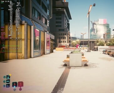 Игра «Cyberpunk 2077» работает в разрешении 1080p с настройками «Ultra» и автоматической настройкой FSR на устройстве Steam Machine с отображением на экране панели производительности