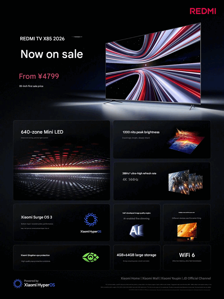 Технические характеристики Redmi TV X 2026 (Источник изображения: Xiaomi China; машинный перевод)