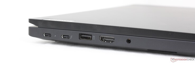 Слева: USB-C 3.2 Gen. 2 (20 Гбит/с) w/ Power Delivery 3.0 + DisplayPort 1.4, USB-C Thunderbolt 4 (40 Гбит/с) w/ Power Delivery 3.0 + DisplayPort 1.4, USB-A (10 Гбит/с), HDMI 2.1, 3,5 мм гарнитура