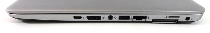 Справа: USB Type-C Gen 1, DisplayPort 1.2, кардридер, 3.5 мм аудио разъем, USB 3.0, Ethernet-порт, порт док-станции, слот microSIM-карты, гнездо зарядного устройства